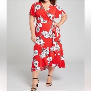 Lane Bryant Floral Faux Wrap Midi/Maxi Dress Size 14/16 High-Low Ruffle Hem